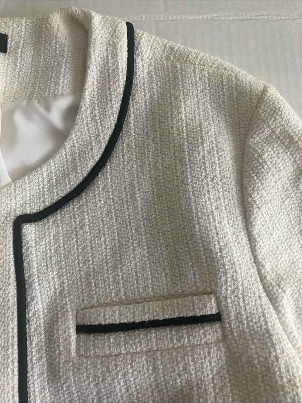 Ann Taylor Cream Bouclé Textured Jacket with Black Label Detail